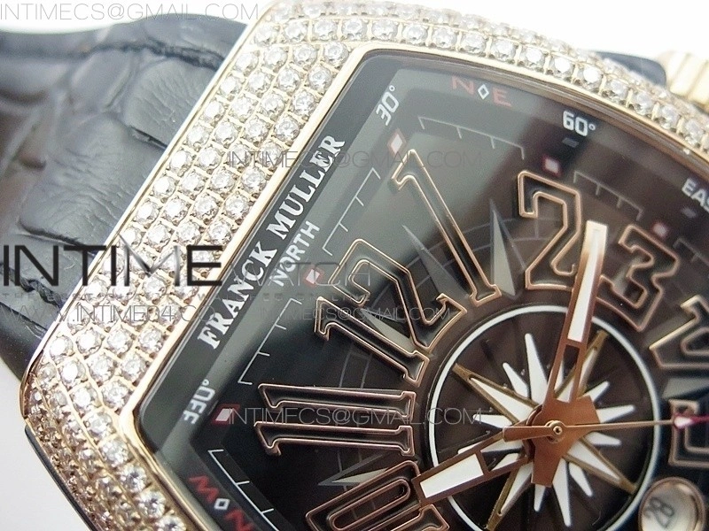 Vanguard V45 RG Full Diamonds Black Textured Numbers Markers on Black Gummy Strap A2813