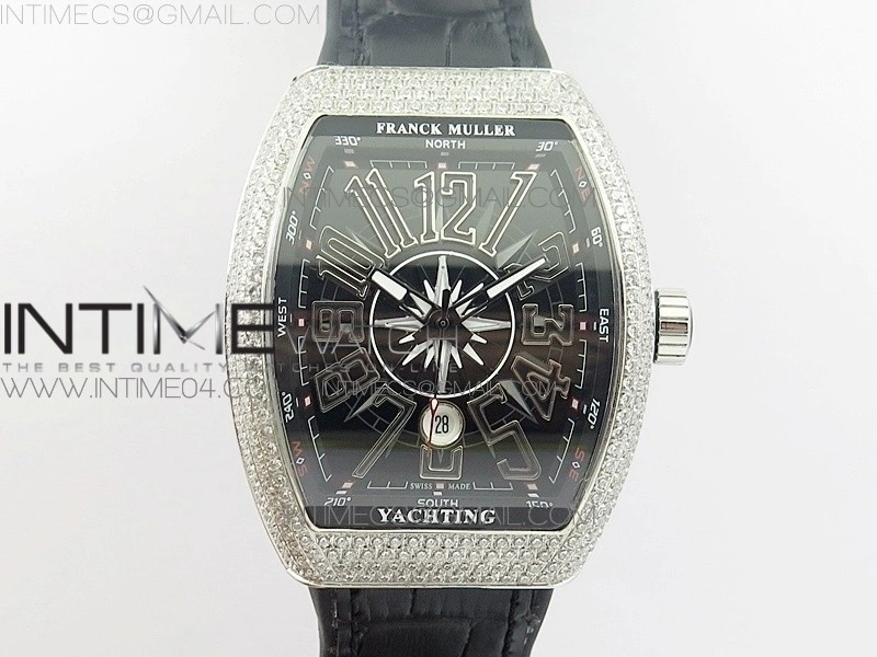 Vanguard V45 SS Full Diamonds Black Textured Numbers Markers on Black Gummy Strap A2813