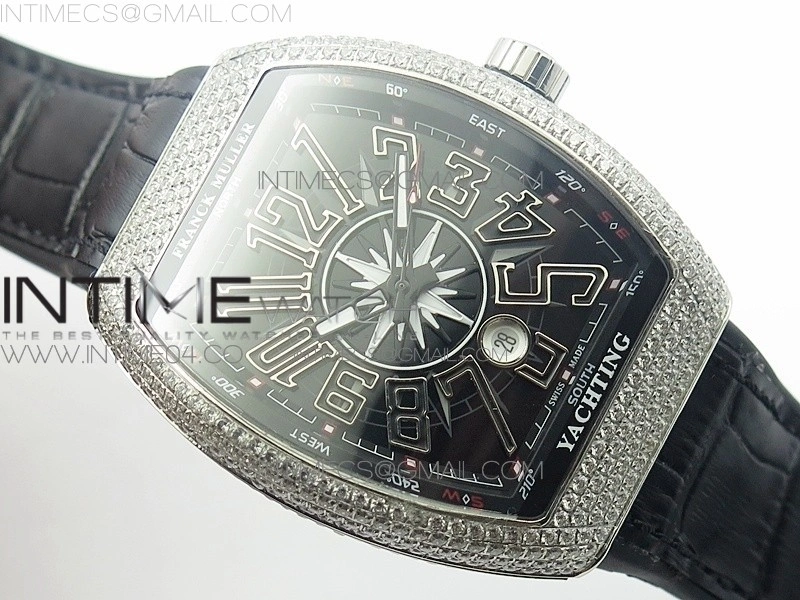 Vanguard V45 SS Full Diamonds Black Textured Numbers Markers on Black Gummy Strap A2813