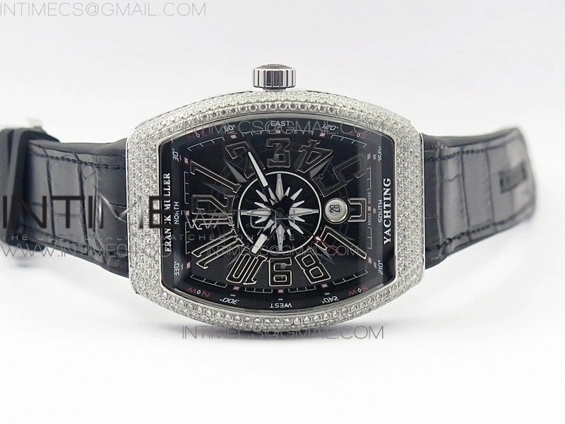 Vanguard V45 SS Full Diamonds Black Textured Numbers Markers on Black Gummy Strap A2813