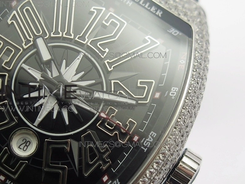 Vanguard V45 SS Full Diamonds Black Textured Numbers Markers on Black Gummy Strap A2813