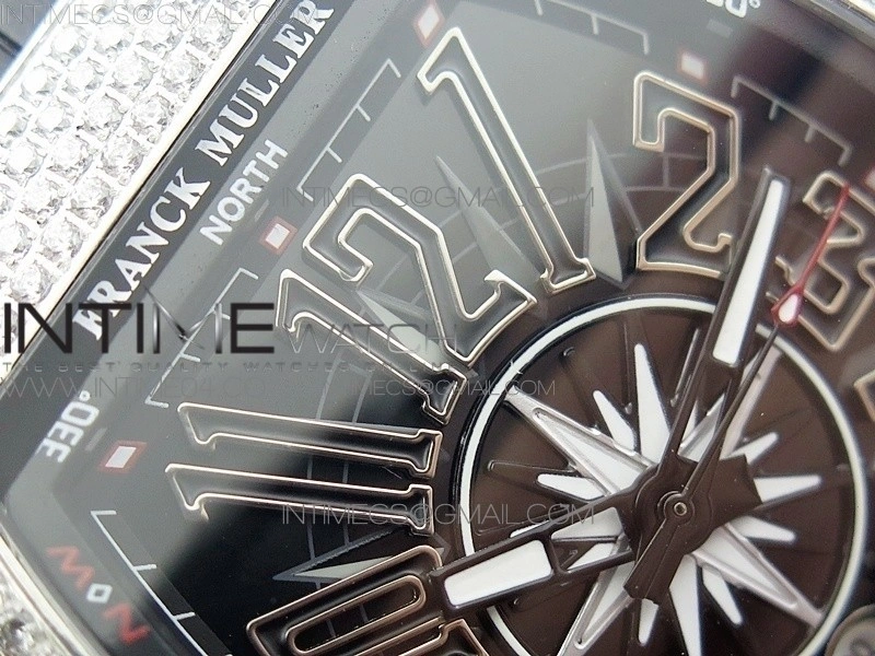 Vanguard V45 SS Full Diamonds Black Textured Numbers Markers on Black Gummy Strap A2813