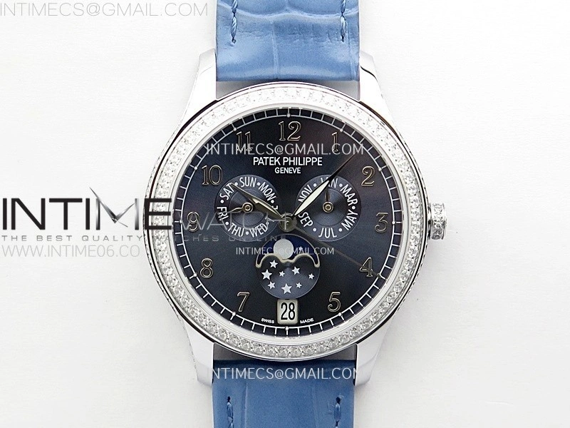 Annual Calendar 4947G SS Diamonds Bezel N1F Best Edition Blue Dial on Blue Leather Strap A324