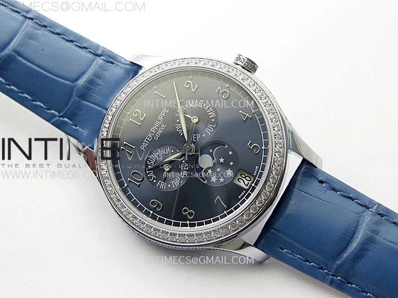 Annual Calendar 4947G SS Diamonds Bezel N1F Best Edition Blue Dial on Blue Leather Strap A324