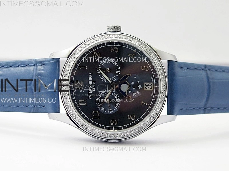 Annual Calendar 4947G SS Diamonds Bezel N1F Best Edition Blue Dial on Blue Leather Strap A324