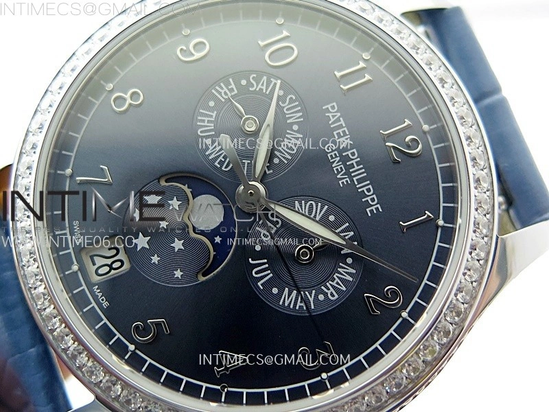 Annual Calendar 4947G SS Diamonds Bezel N1F Best Edition Blue Dial on Blue Leather Strap A324