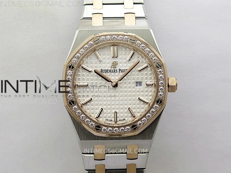 Lady Royal Oak 33mm 67651 Diamonds bezel SS RG ZF 1:1 Best Edition White Textured Dial on SS Bracelet RONDA Quartz