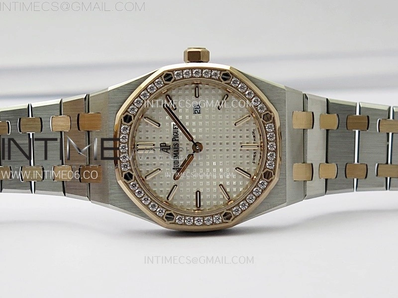 Lady Royal Oak 33mm 67651 Diamonds bezel SS RG ZF 1:1 Best Edition White Textured Dial on SS Bracelet RONDA Quartz