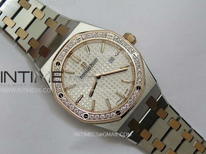 Lady Royal Oak 33mm 67651 Diamonds bezel SS RG ZF 1:1 Best Edition White Textured Dial on SS Bracelet RONDA Quartz