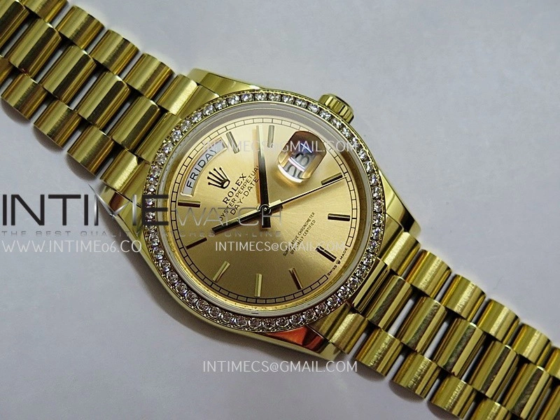 Day Date 128348 YG Gain Weight KF 1:1 Gold Dial Stick Marker On President Bracelet A2836