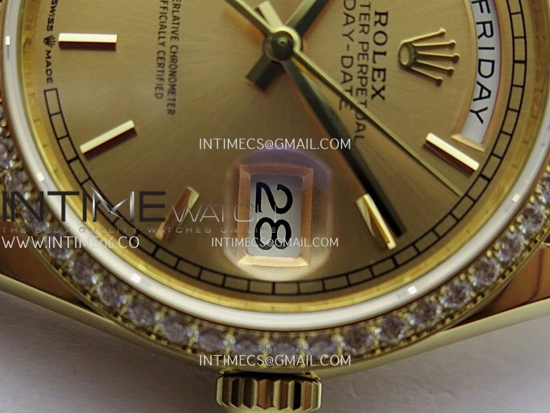 Day Date 128348 YG Gain Weight KF 1:1 Gold Dial Stick Marker On President Bracelet A2836