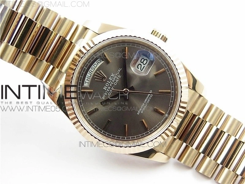 Day-Date 36 128239 RG BP Best Edition Gray Sticks Markers Dial on RG President Bracelet