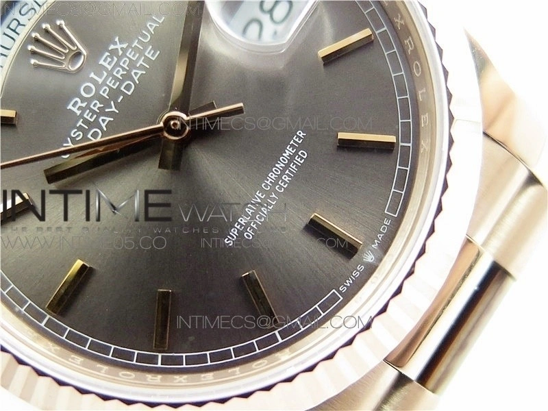Day-Date 36 128239 RG BP Best Edition Gray Sticks Markers Dial on RG President Bracelet