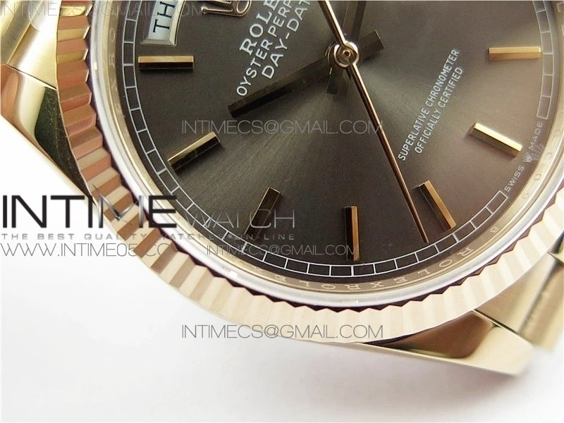Day-Date 36 128239 RG BP Best Edition Gray Sticks Markers Dial on RG President Bracelet