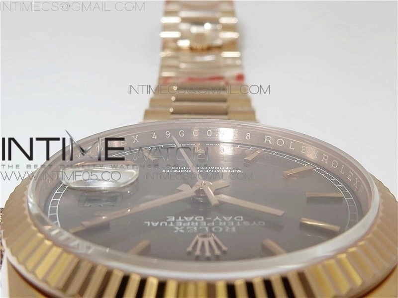 Day-Date 36 128239 RG BP Best Edition Gray Sticks Markers Dial on RG President Bracelet