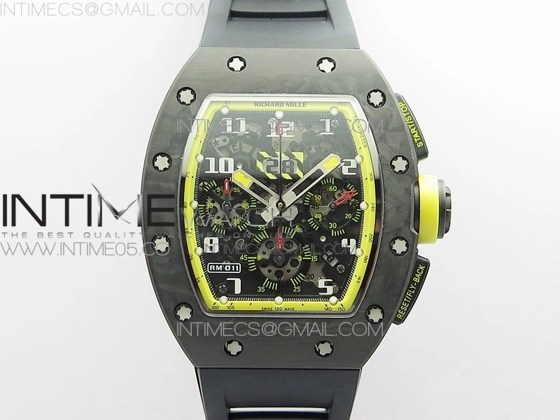 RM12-1 Real Tourbillon Forge Carbon KVF Best Edition Skeleton Dial Yellow inner bezel on Black Rubber Strap