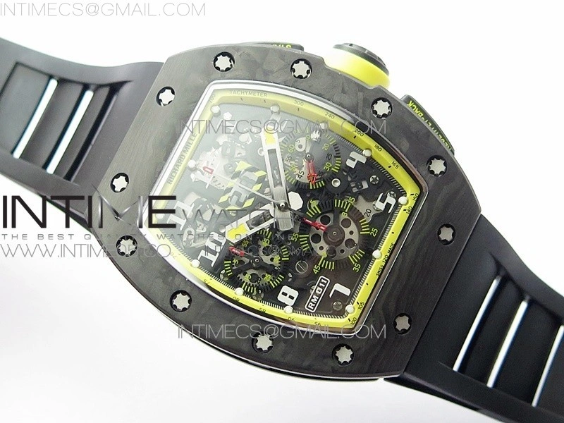RM12-1 Real Tourbillon Forge Carbon KVF Best Edition Skeleton Dial Yellow inner bezel on Black Rubber Strap