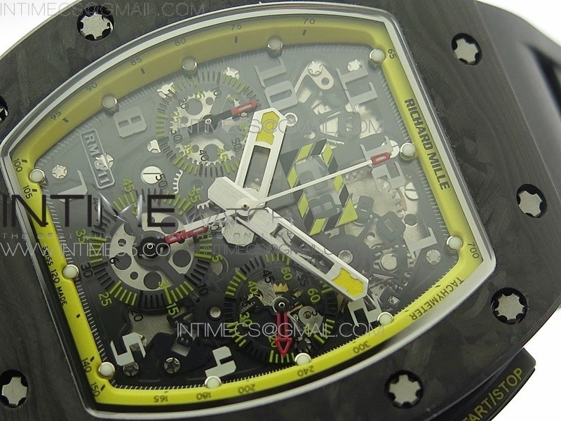 RM12-1 Real Tourbillon Forge Carbon KVF Best Edition Skeleton Dial Yellow inner bezel on Black Rubber Strap