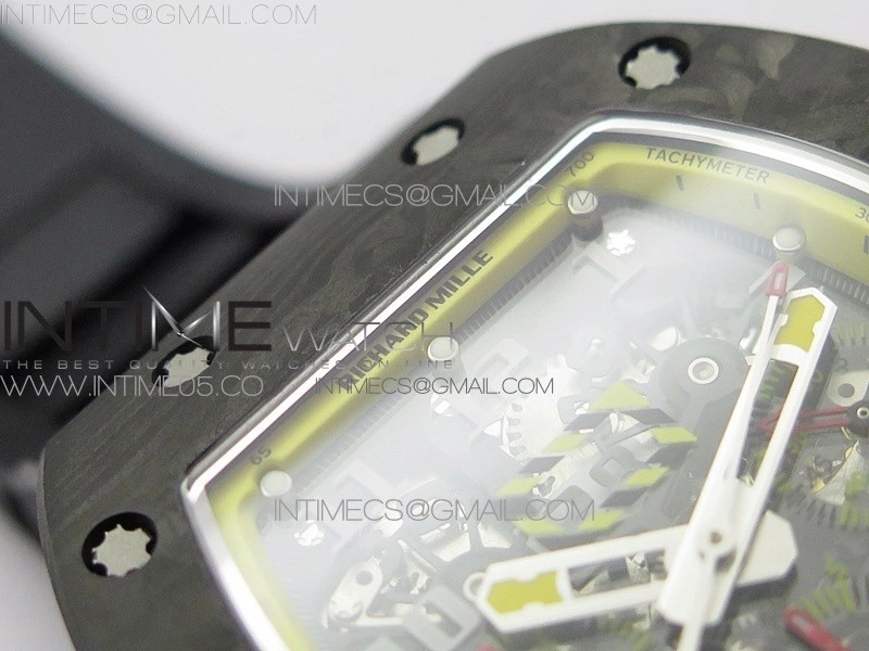 RM12-1 Real Tourbillon Forge Carbon KVF Best Edition Skeleton Dial Yellow inner bezel on Black Rubber Strap