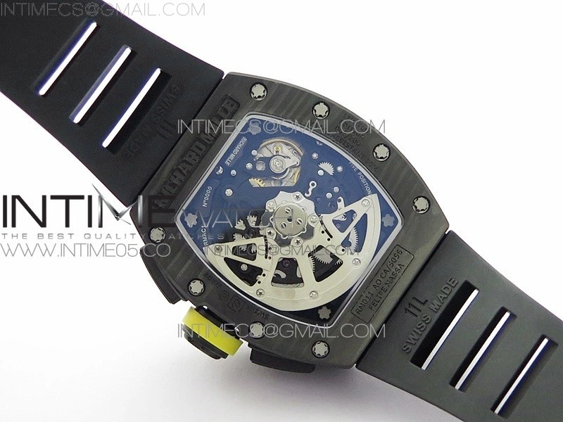 RM12-1 Real Tourbillon Forge Carbon KVF Best Edition Skeleton Dial Yellow inner bezel on Black Rubber Strap