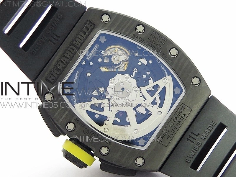RM12-1 Real Tourbillon Forge Carbon KVF Best Edition Skeleton Dial Yellow inner bezel on Black Rubber Strap