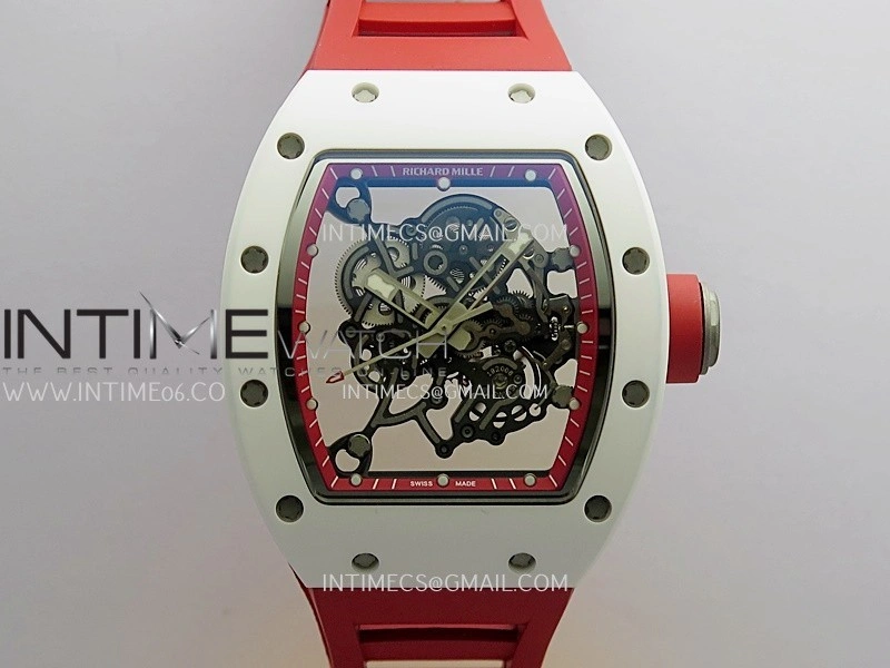 RM055 Red Inner Bezel White Ceramic RF 1:1 Best Edition Skeleton Dial On Red Rubber Strap RMUL2 Super Clone