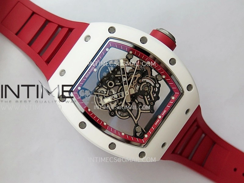 RM055 Red Inner Bezel White Ceramic RF 1:1 Best Edition Skeleton Dial On Red Rubber Strap RMUL2 Super Clone