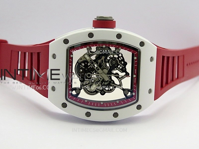 RM055 Red Inner Bezel White Ceramic RF 1:1 Best Edition Skeleton Dial On Red Rubber Strap RMUL2 Super Clone