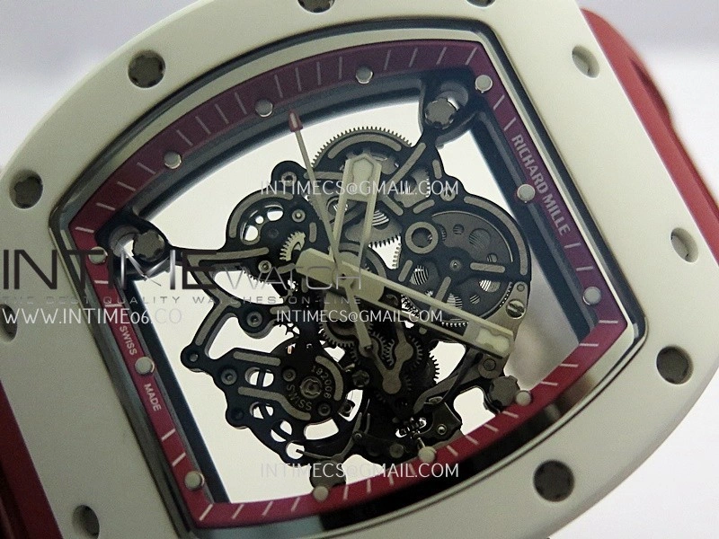 RM055 Red Inner Bezel White Ceramic RF 1:1 Best Edition Skeleton Dial On Red Rubber Strap RMUL2 Super Clone