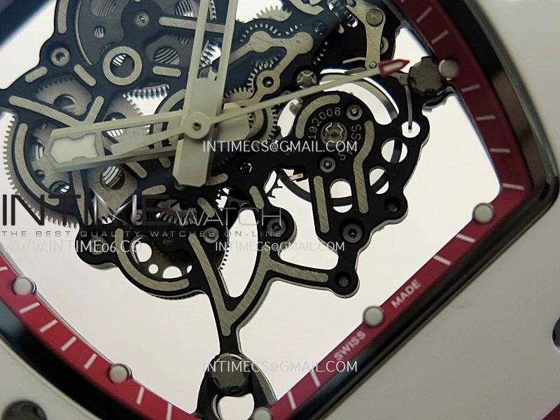 RM055 Red Inner Bezel White Ceramic RF 1:1 Best Edition Skeleton Dial On Red Rubber Strap RMUL2 Super Clone