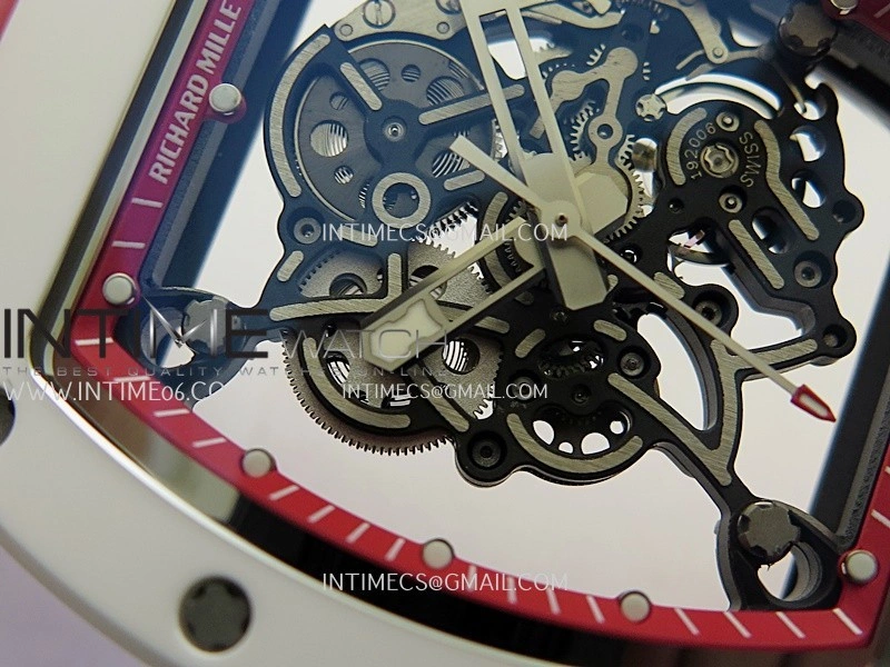 RM055 Red Inner Bezel White Ceramic RF 1:1 Best Edition Skeleton Dial On Red Rubber Strap RMUL2 Super Clone