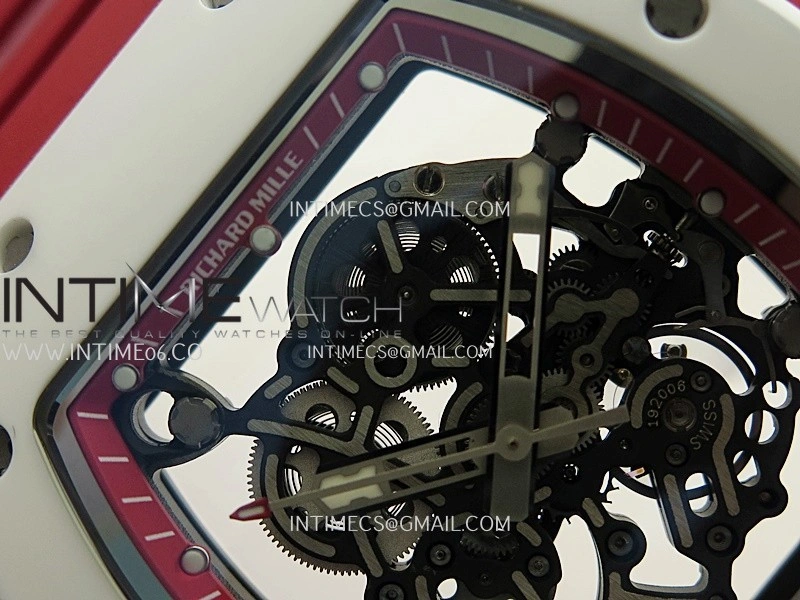 RM055 Red Inner Bezel White Ceramic RF 1:1 Best Edition Skeleton Dial On Red Rubber Strap RMUL2 Super Clone