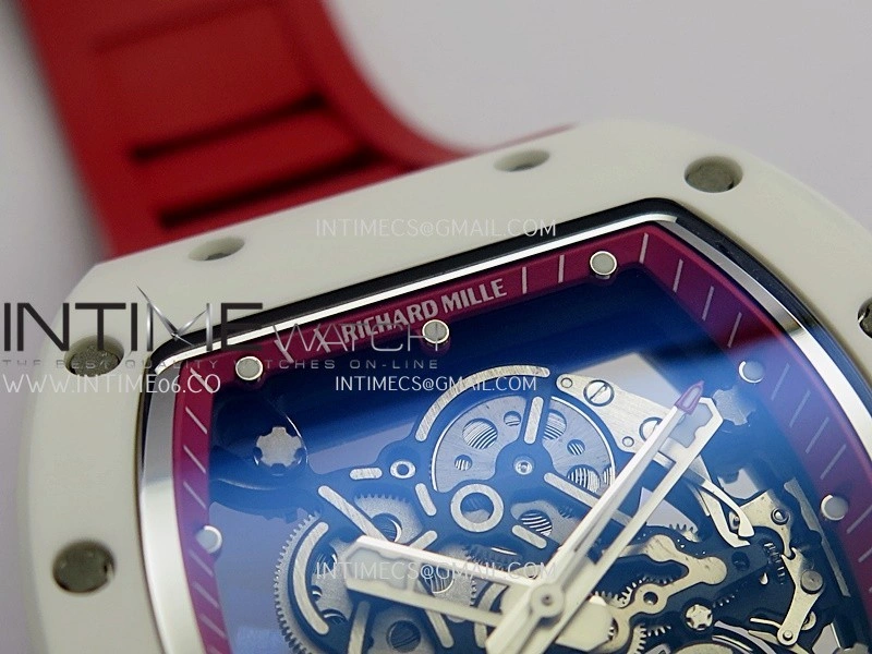 RM055 Red Inner Bezel White Ceramic RF 1:1 Best Edition Skeleton Dial On Red Rubber Strap RMUL2 Super Clone
