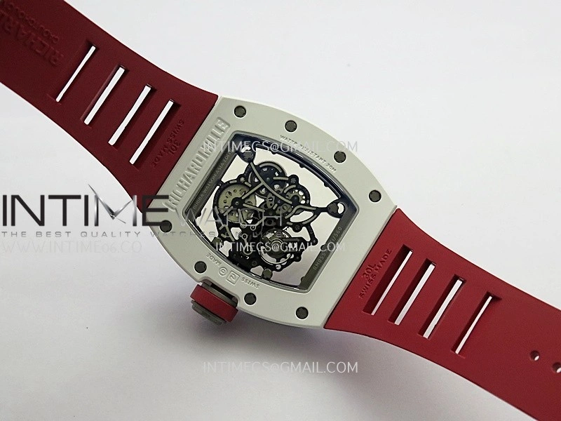 RM055 Red Inner Bezel White Ceramic RF 1:1 Best Edition Skeleton Dial On Red Rubber Strap RMUL2 Super Clone