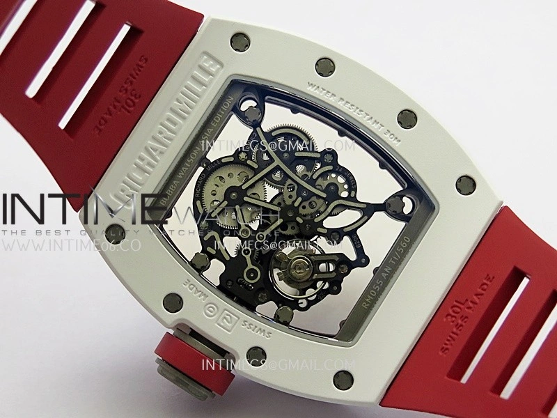 RM055 Red Inner Bezel White Ceramic RF 1:1 Best Edition Skeleton Dial On Red Rubber Strap RMUL2 Super Clone