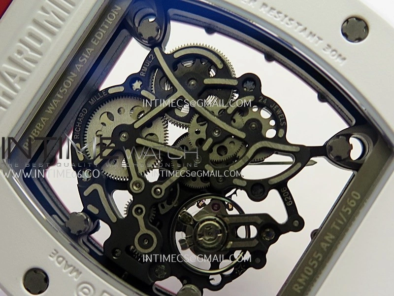 RM055 Red Inner Bezel White Ceramic RF 1:1 Best Edition Skeleton Dial On Red Rubber Strap RMUL2 Super Clone