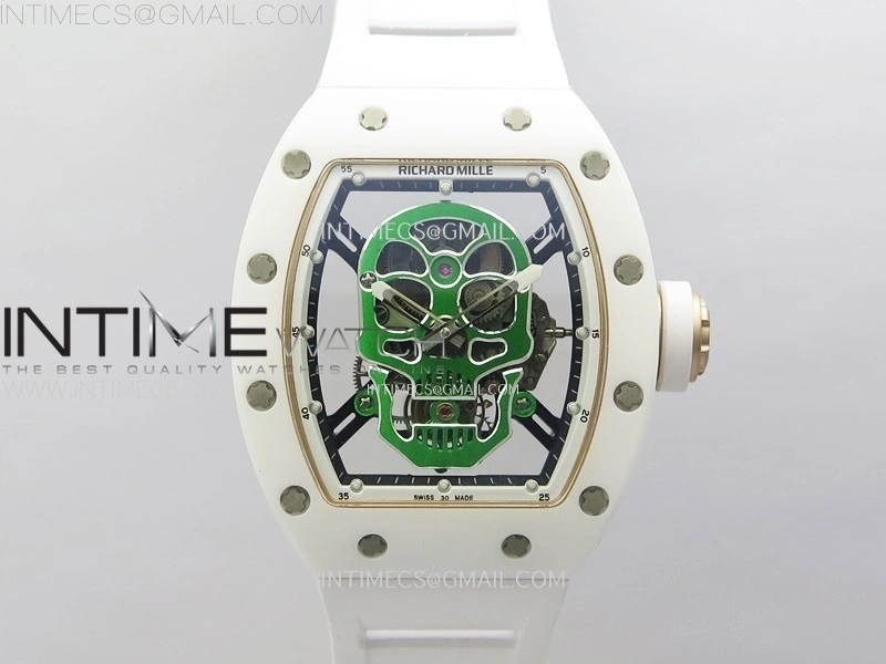 RM052 Skull White Ceramic RG Real Tourbillon YSF Best Edition RG Skull Dial on White Rubber Strap