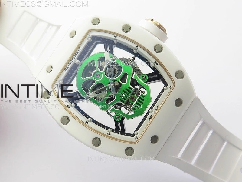RM052 Skull White Ceramic RG Real Tourbillon YSF Best Edition RG Skull Dial on White Rubber Strap