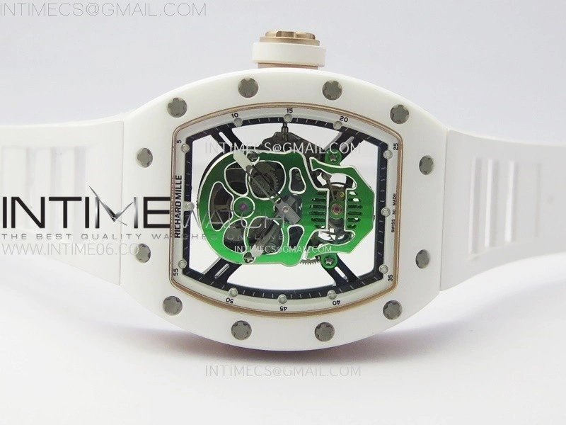 RM052 Skull White Ceramic RG Real Tourbillon YSF Best Edition RG Skull Dial on White Rubber Strap