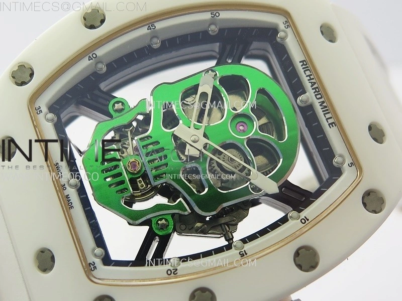 RM052 Skull White Ceramic RG Real Tourbillon YSF Best Edition RG Skull Dial on White Rubber Strap