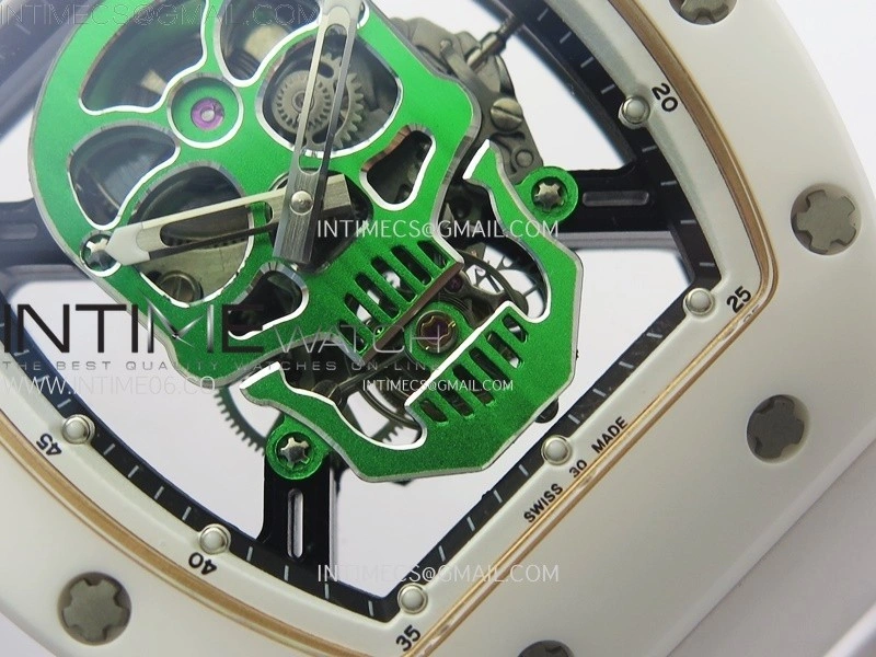 RM052 Skull White Ceramic RG Real Tourbillon YSF Best Edition RG Skull Dial on White Rubber Strap
