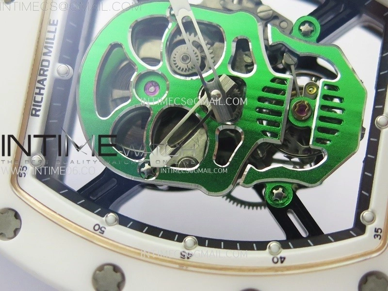 RM052 Skull White Ceramic RG Real Tourbillon YSF Best Edition RG Skull Dial on White Rubber Strap