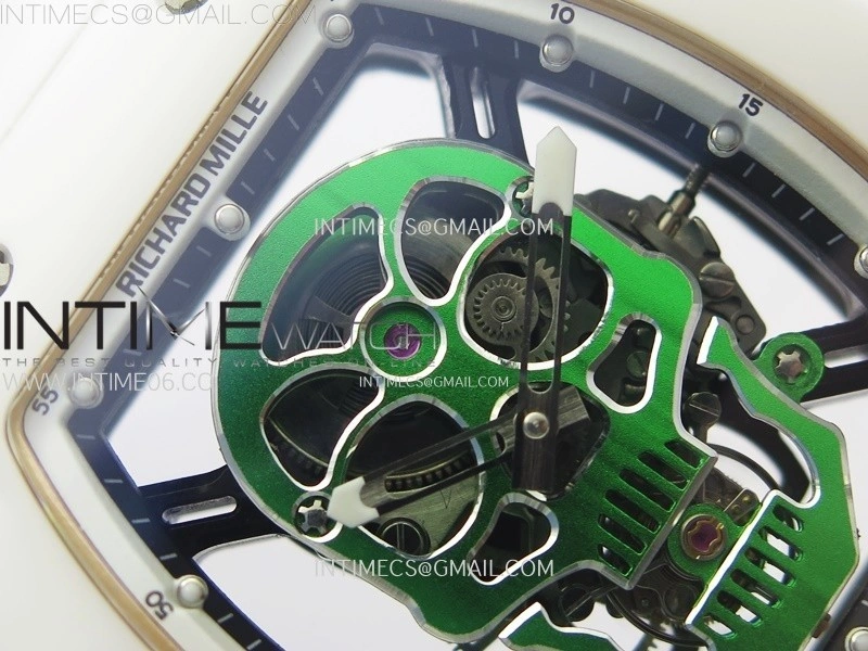 RM052 Skull White Ceramic RG Real Tourbillon YSF Best Edition RG Skull Dial on White Rubber Strap