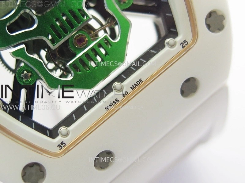 RM052 Skull White Ceramic RG Real Tourbillon YSF Best Edition RG Skull Dial on White Rubber Strap