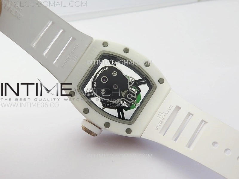 RM052 Skull White Ceramic RG Real Tourbillon YSF Best Edition RG Skull Dial on White Rubber Strap