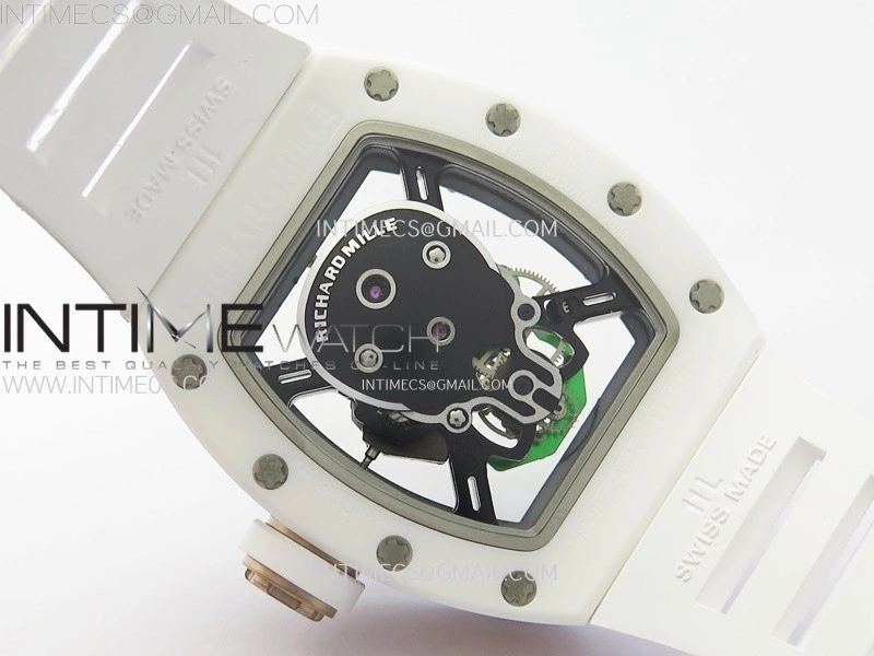 RM052 Skull White Ceramic RG Real Tourbillon YSF Best Edition RG Skull Dial on White Rubber Strap