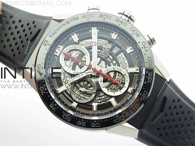 Calibre Heuer 01 Chrono 43mm SS XF 1:1 Best Edition Skeleton Dial on Rubber Strap A1887
