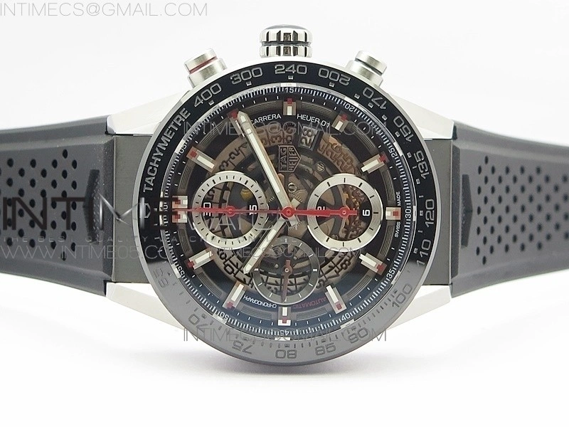 Calibre Heuer 01 Chrono 43mm SS XF 1:1 Best Edition Skeleton Dial on Rubber Strap A1887