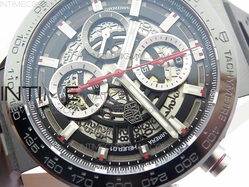 Calibre Heuer 01 Chrono 43mm SS XF 1:1 Best Edition Skeleton Dial on Rubber Strap A1887