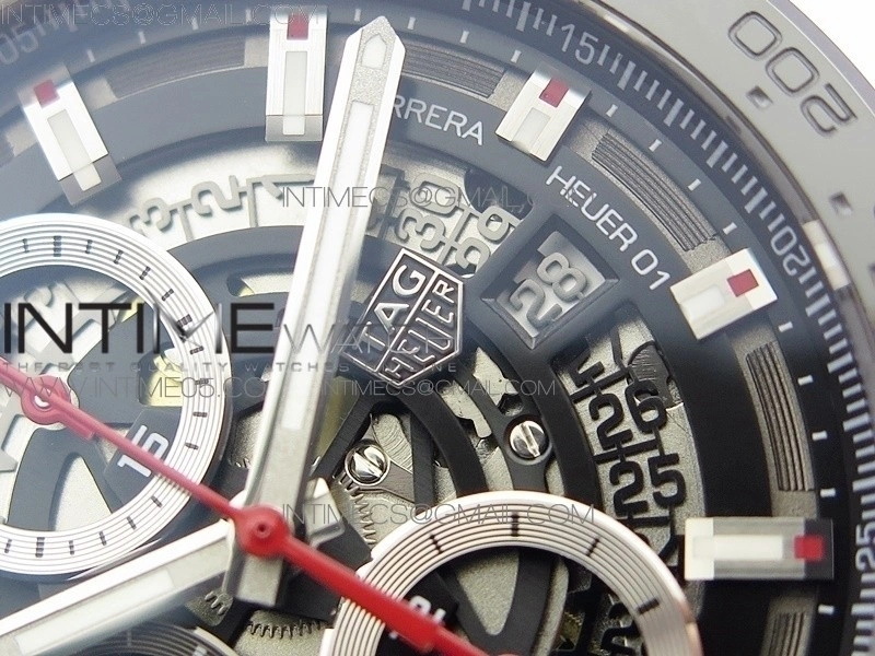 Calibre Heuer 01 Chrono 43mm SS XF 1:1 Best Edition Skeleton Dial on Rubber Strap A1887